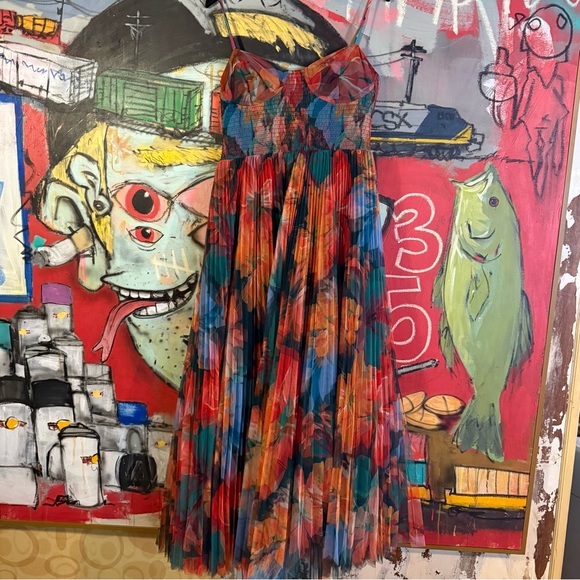 Hutch Anthropologie Brianna Watercolor Pleated Maxi Dress Orange Blue Tulle NWT - Picture 6 of 6